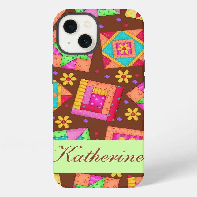 Coque iPhone Chocolat Brown Green Patchwork Quilt Block Art (Verso)