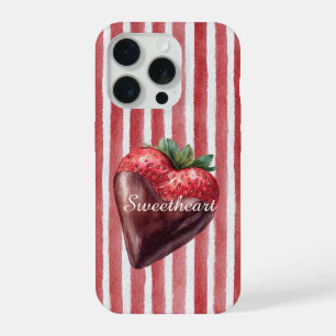 Coque iPhone 15 Pro Chocolat Coeur de Fraise Rayures Rouges et Blanche
