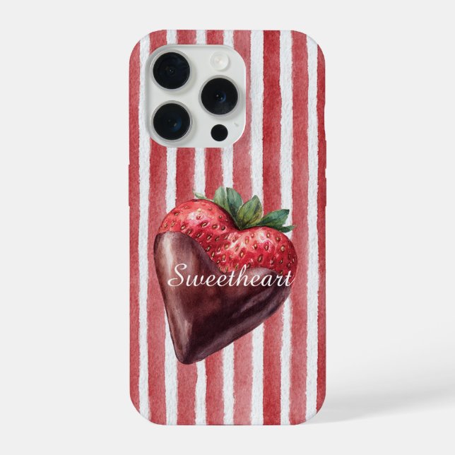 Coque iPhone Chocolat Coeur de Fraise Rayures Rouges et Blanche (Verso)