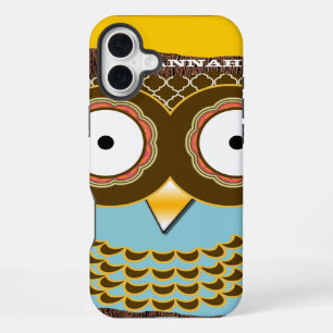 Coque iPhone 16 Plus Chouette aquarelle bleue et jaune mignonne