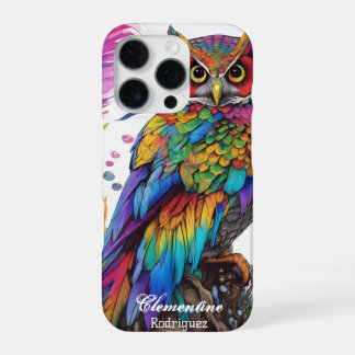 Coque iPhone 16 Pro Chouette arc-en-ciel au milieu des plumes