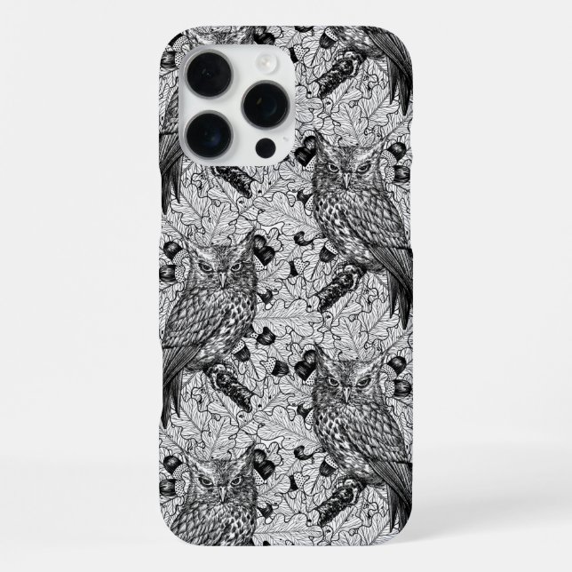 Coque iPhone Chouettes dans le chêne, noir et blanc (Verso)