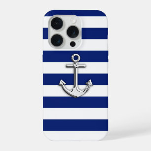 Coque iPhone 15 Pro Chrome Anchor on Navy Stripes