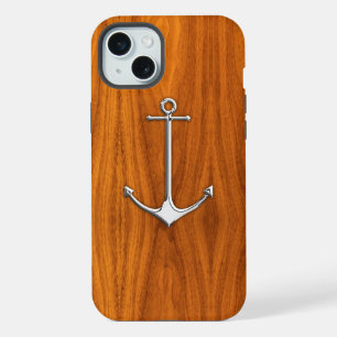 Coque iPhone 15 Plus Chrome Ancre nautique sur bois de teck