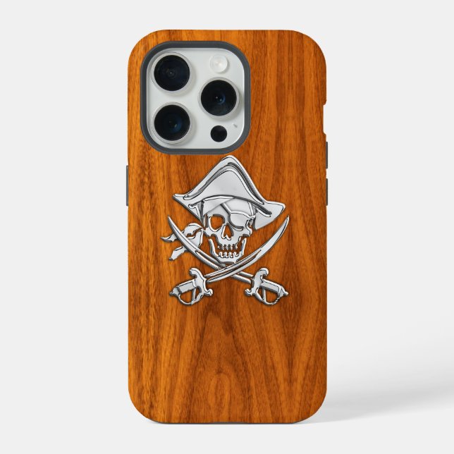 Coque iPhone Chrome Crâne de Pirate sur Bois de Teck (Verso)