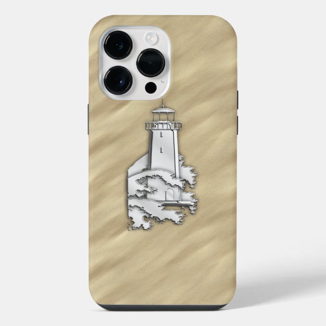 Coque iPhone Chrome Lighthouse sur impression de plage de sable (Verso)