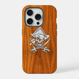Coque iPhone 15 Pro Chrome Pirate Crossbones sur le bois de teck
