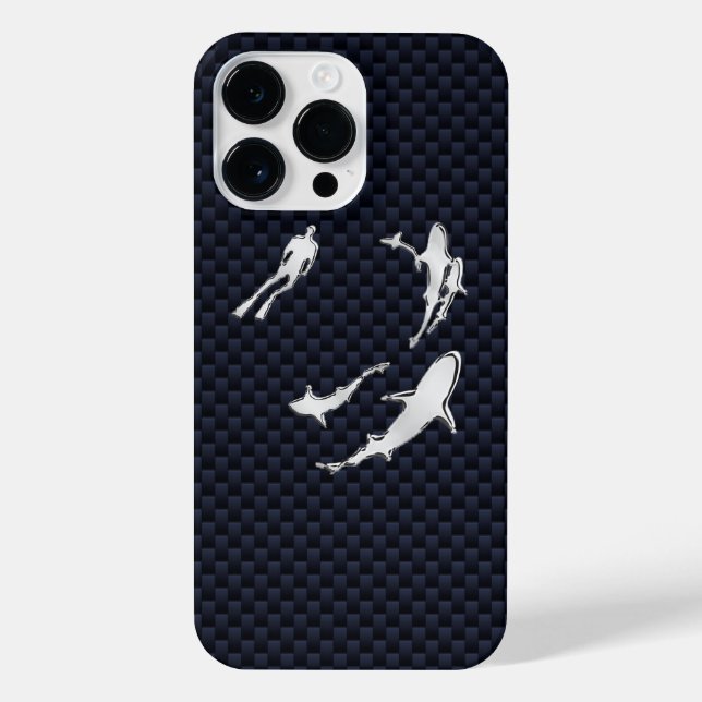 Coque iPhone Chrome Plongeur avec requins sur fibre de carbone  (Verso)