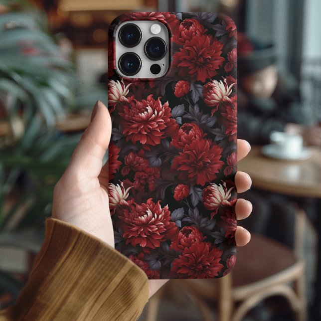 Coque iPhone Chrysanthème Rouge Gothique Fleurs Sombres (Luxury Dark Floral iPhone 16 Pro Case | Gothic Red Botanical Phone Cover)