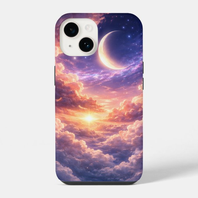 Coque iPhone Ciel Céleste Rêveur avec Lune et Nuages (Verso)