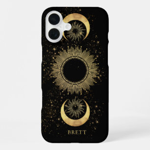 Coque iPhone 16 Plus Ciel personnalisé Soleil Lune Étoiles Noir Or