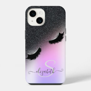 Coque Pour iPhone 14 Cils Faux Brillants Noir Ombré Glitter