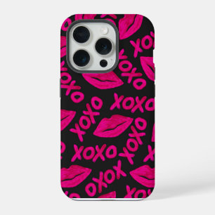 Coque iPhone 15 Pro Citation XOXO Néo Rose Foncé Lèvres Rouge à Lèvres