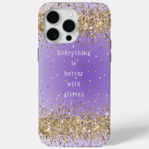 Coque iPhone 15 Pro Max Citations Cœurs Dorés Étincellent Paillettes Viole