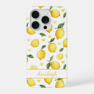Coque iPhone 15 Pro Citrons à l'aquarelle avec monogramme cœurs