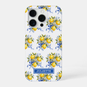 Coque iPhone 16 Pro Citrons à l'aquarelle avec monogramme de fleurs bl