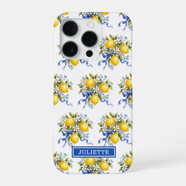 Coque iPhone Citrons à l'aquarelle avec monogramme de fleurs bl (Verso)