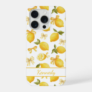 Coque iPhone 15 Pro Citrons à l'aquarelle avec rubans coquette monogra