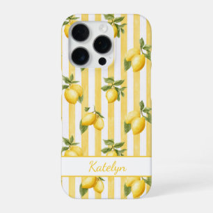 Coque iPhone 16 Pro Citrons à l'aquarelle sur monogramme à rayures jau