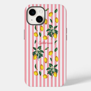 Coque Pour iPhone 14 Citrons Roses Rayures Méditerranéen Vintage Nom