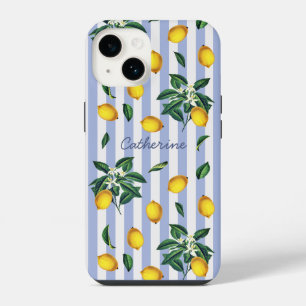 Coque Pour iPhone 14 Citrons Vintage Méditerranéen Nom Bandes Bleues