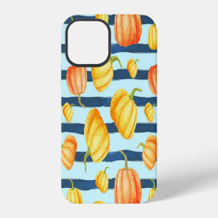 Coque iPhone 12 Citrouille orange : décor à rayures aquarelles.