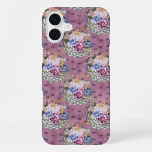 COQUE iPhone 16 PLUS CITROUILLES ET FLEURS D'HALLOWEEN BLEU ROSE GRIS
