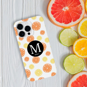 Coque Pour Pour iPhone 14 Pro Max Citrus Motif Citron orange Monogramme rond Blanc