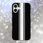 Coque iPhone 16 Plus Classic Black White Racing Stripes Gold Monogramme<br><div class="desc">Créez votre propre modèle personnalisé, personnalisé, cool, classe, élégant, classique, noir et blanc rayures de course design, fausse typographie or / script monogramme, chic, élégant, élégant, ultra mince, ajustement, léger, polycarbonate de haute qualité, protecteur, coque iphone Apple le plus économique. Pour customiser, il suffit de taper votre nom / monogramme...</div>