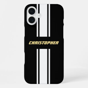 Coque iPhone 16 Plus Classic Black White Racing Stripes Gold Monogramme