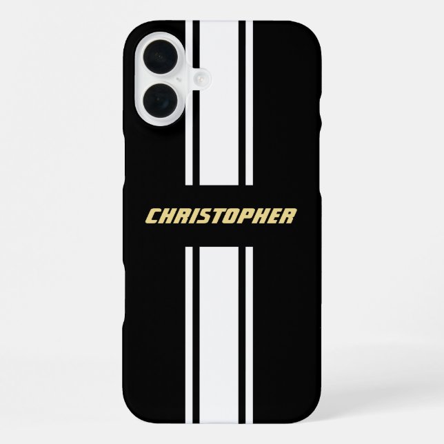 Coque iPhone Classic Black White Racing Stripes Gold Monogramme (Verso)