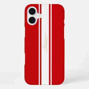 Coque iPhone 16 Plus Classic Red White Racing Stripes Gold Monogrammed