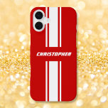 Coque iPhone 16 Plus Classic Red White Racing Stripes Monogramme<br><div class="desc">Créez votre propre modèle personnalisé, personnalisé, cool, classe, élégant, classique, rouge et blanc rayures de course design, audacieuse typographie blanche / monogramme script, chic, élégant, élégant, ultra mince ajustement, léger, polycarbonate de haute qualité, protecteur, coque iphone Apple le plus économique. Pour customiser, il suffit de taper votre nom / monogramme...</div>
