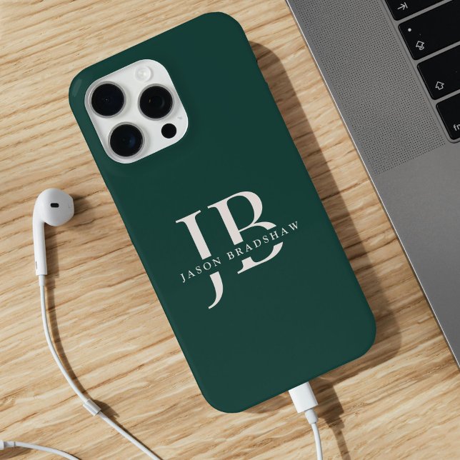 Coque iPhone Classique Élégant Monogramme et Nom Vert Foncé (Personalize with your name and monogram initials.)
