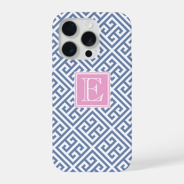 Coque iPhone Clé Grecque Bleu Et Blanc De Preppy Monogramme (Verso)