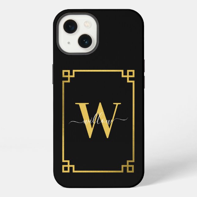 Coque iPhone Clé grecque monogrammée noir et or   (Verso)