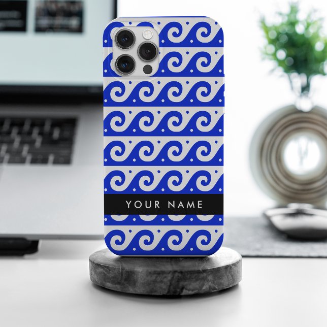Coque iPhone Clé Méandre Grecque, Clé Vague, Bleu, Votre Nom (Créateur téléchargé)