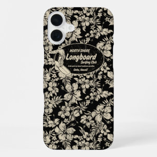 Coque iPhone 16 Plus Club Surfing Longboard Hibiscus Hawaïen Noir