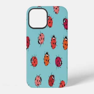Coque iPhone 12 Coccinelles, fond bleu, patte sans couture charman