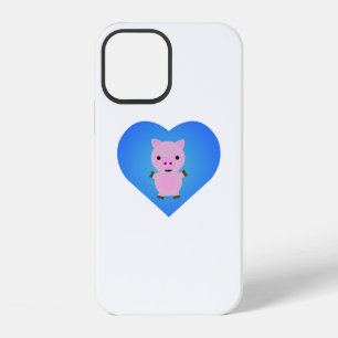 Coque iPhone 12 Cochon adorable avec un cœur bleu en arrière-plan