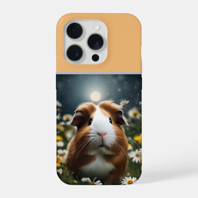 Coque iPhone Cochon d'Inde Brun Et Blanc Lune Et Pâquerettes, (Verso)