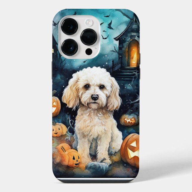 Coque iPhone Cockapoo d'Halloween avec citrouilles effrayant (Verso)