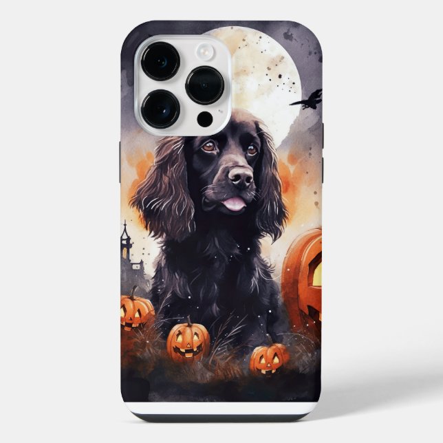 Coque iPhone Cocker Spaniel d'Halloween avec des citrouilles (Verso)