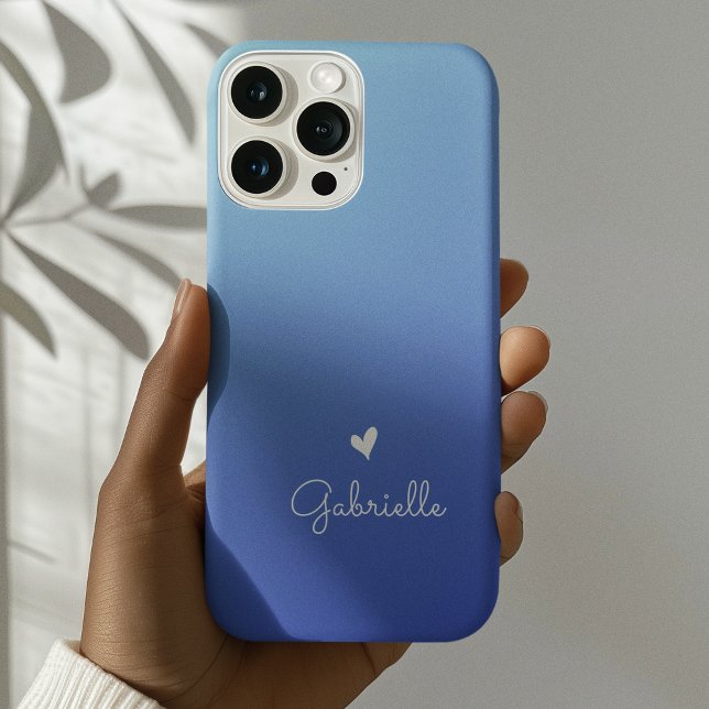 Coque iPhone Cœur à dégradé bleu simple Minimal Script Nom (Créateur téléchargé)