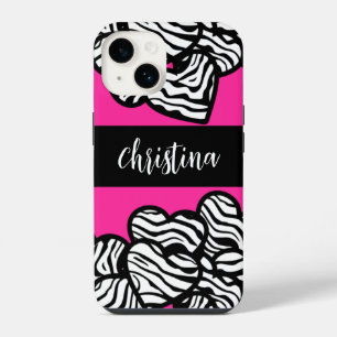Coque Pour iPhone 14 Cœur à motif zèbre rose chaud noir et blanc avec n