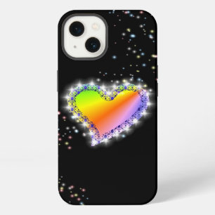 Etui iPhone 13 Cœur arc-en-ciel avec étoiles sur fond noir