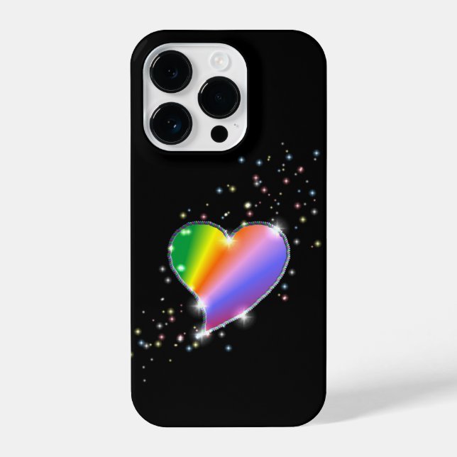 Coque iPhone Coeur arc-en-ciel avec étoiles sur noir (Verso)