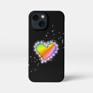 Etui iPhone 13 Mini Coeur arc-en-ciel avec étoiles sur noir