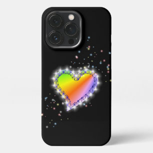 Etui iPhone 13 Pro Coeur arc-en-ciel avec étoiles sur noir