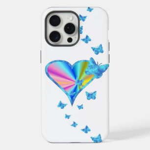 Coque iPhone 15 Pro Max Cœur arc-en-ciel et papillon
